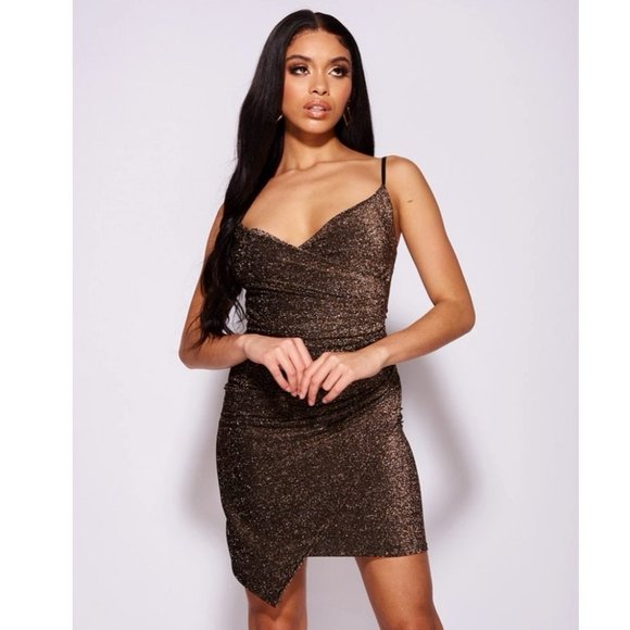 Brown Metallic Glitter Sleeveless V-Neck Ruched Wrap Detail Bodycon Mini Dress - Picture 8 of 13